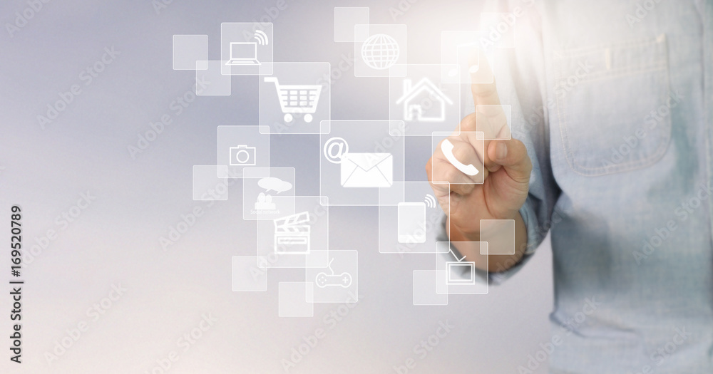 Businessman hand touching network connection Businessman hand touching network connection