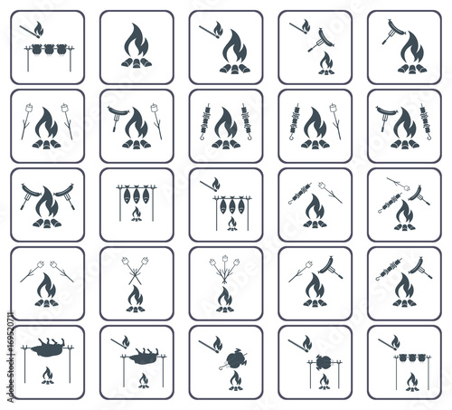 Set of coocing on campfire icons. Vector illustration