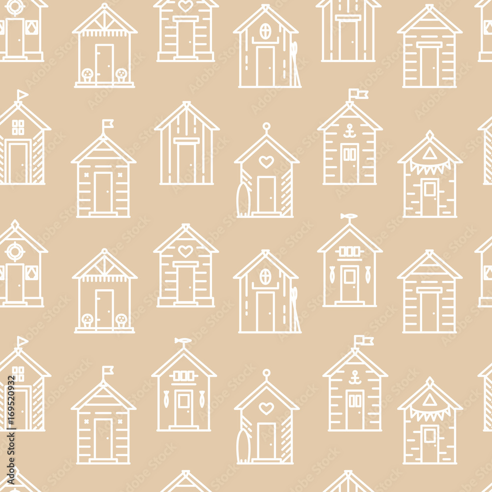 Beach hut pattern, flat line style, beige and white. Variety of designs with different decoration, bunting, surf board, fish, flower pots, life buoy, paddles, flags. Seamless background simple.