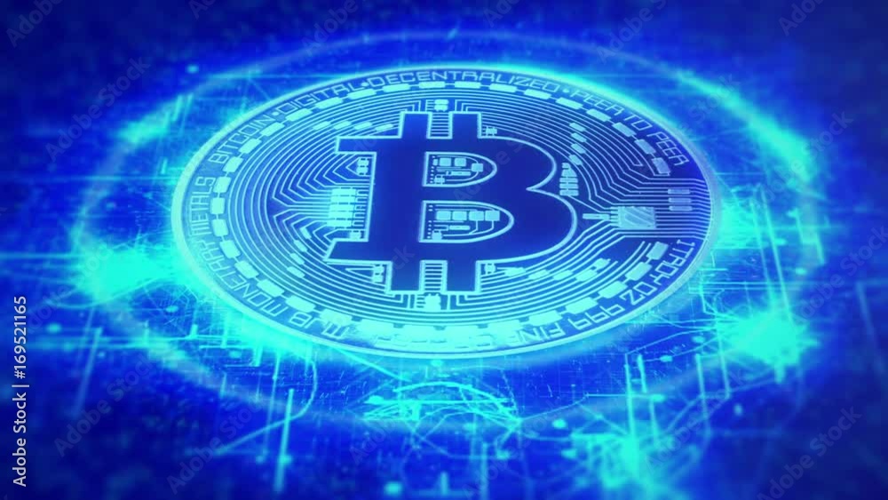 Bitcoin Concept. Cryptocurrency surrounded by circuits and computer data