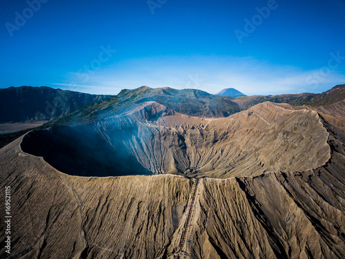 Mountain Bromo active volcano crater in East Jawa, Indonesia. Top view from drone fly