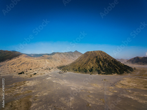 Mountain Bromo active volcano crater in East Jawa, Indonesia. Top view from drone fly
