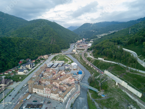 SOCHI, RUSSIA - May, 2017: Aerial view above Ski Resort Gorki Gorod photo