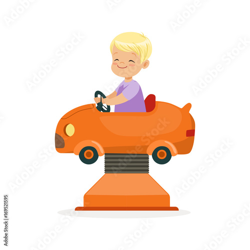 Cute blonde little boy riding on an orange car, kid have a fun in amusement park cartoon vector Illustration