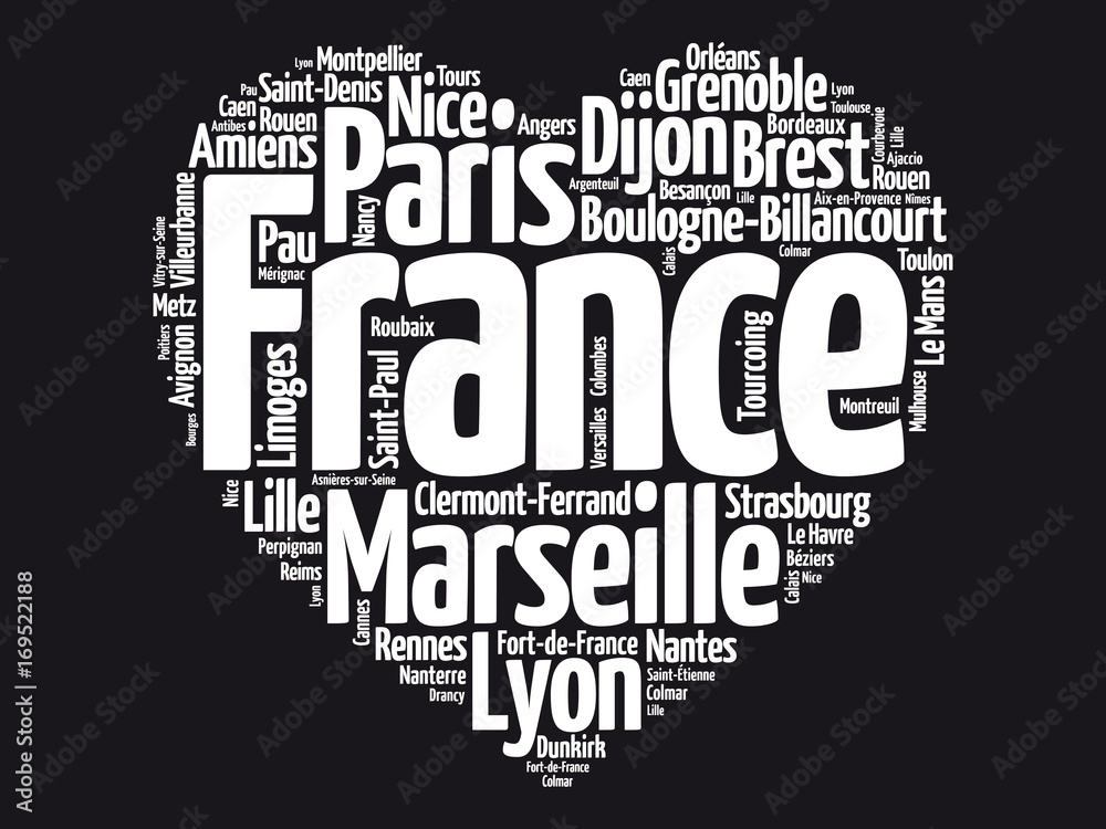 Obraz premium List of cities and towns in France composed in love sign heart shape, word cloud collage, business and travel concept background