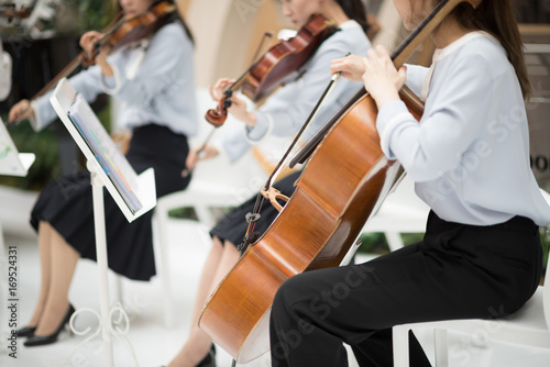 Hands girl playing cello in light colors photo