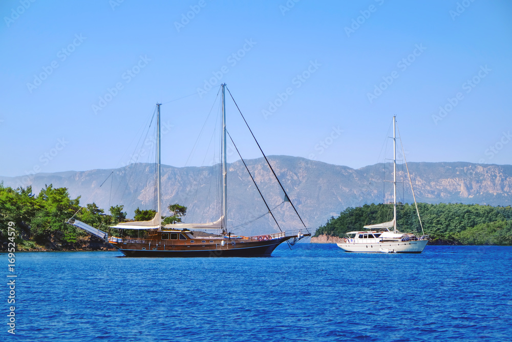 Beautiful view with modern boats in tropical resort Beautiful view with modern boats in tropical resort