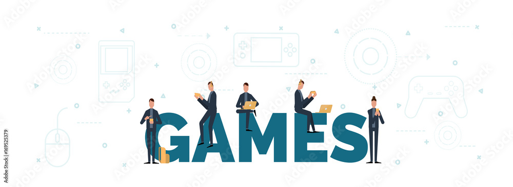 lettering of games concept with people are using laptop and smartphones for playing games. lettering of games concept with people are using laptop and smartphones for playing games.
