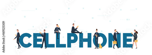 smartphone usage concept illustration of young men and women using mobile devices such as smartphone and digital tablet.