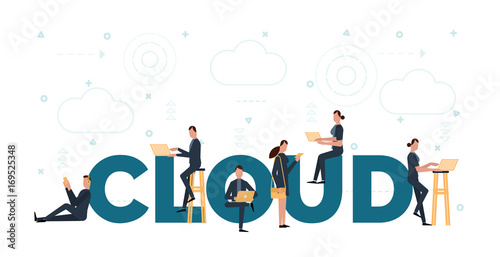 lettering of cloud concept with people are using laptop and smartphones for upload to cloud.