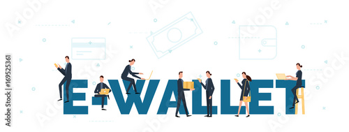 E-wallet concept illustration of business people using mobile gadgets such as tablet pc and smartphone for online purchasing via ewallet technology.