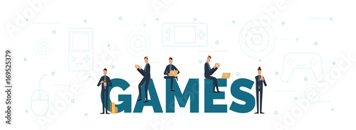 lettering of games concept with people are using laptop and smartphones for playing games.