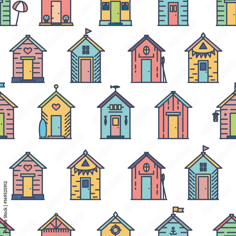 Beach hut pattern, flat line style, colored on white. Variety of designs with different decoration, bunting, surf board, fish, flower pot, life buoy, paddles, flags. Vector seamless background simple.