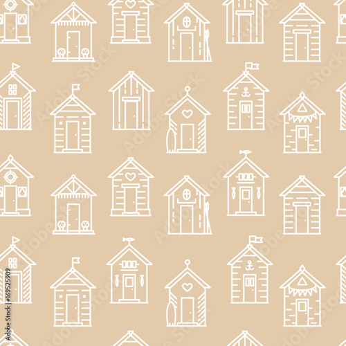 Beach hut pattern, flat line style, beige and white. Variety of designs with different decoration, bunting, surf board, fish, flower pots, life buoy, paddles, flags. Vector seamless background simple.