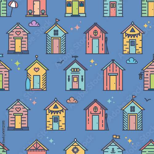 Beach hut pattern, flat line style, colored. Variety of designs with different decoration, bunting, surf board, fish, flower pots, life buoy, paddles, flags. Vector seamless background simple.