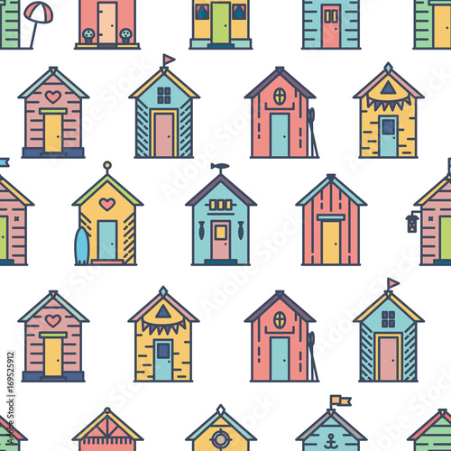 Beach hut pattern, flat line style, colored on white. Variety of designs with different decoration, bunting, surf board, fish, flower pot, life buoy, paddles, flags. Vector seamless background simple.