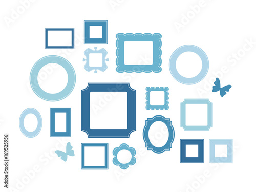 Set of cartoon picture frames organized as gallery wall. Blank colored frames isolated on white vector illustration. Balanced composition with decorative elements. Ready collage for photos or pictures
