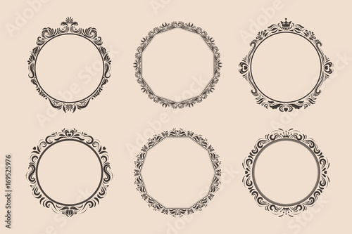 Decorative round vintage frames and borders set. Victorian and baroque style design. Elegant royal-style frame shapes with swirls for labels,tags and invitations. Vector illustration.