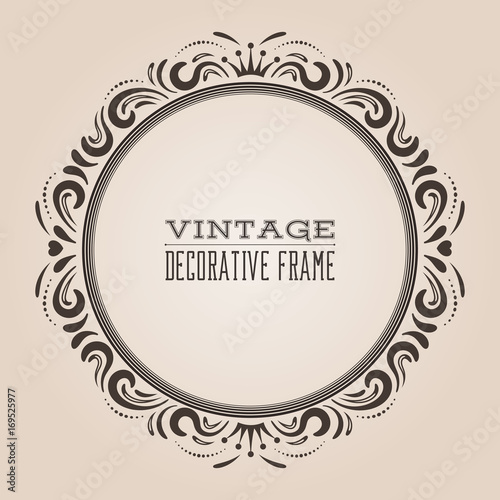 Round vintage ornate border frame, victorian and royal baroque style decorative design. Elegant frame shape with crown, hearts and swirls for labels, logo and pictures. Vector illustration.