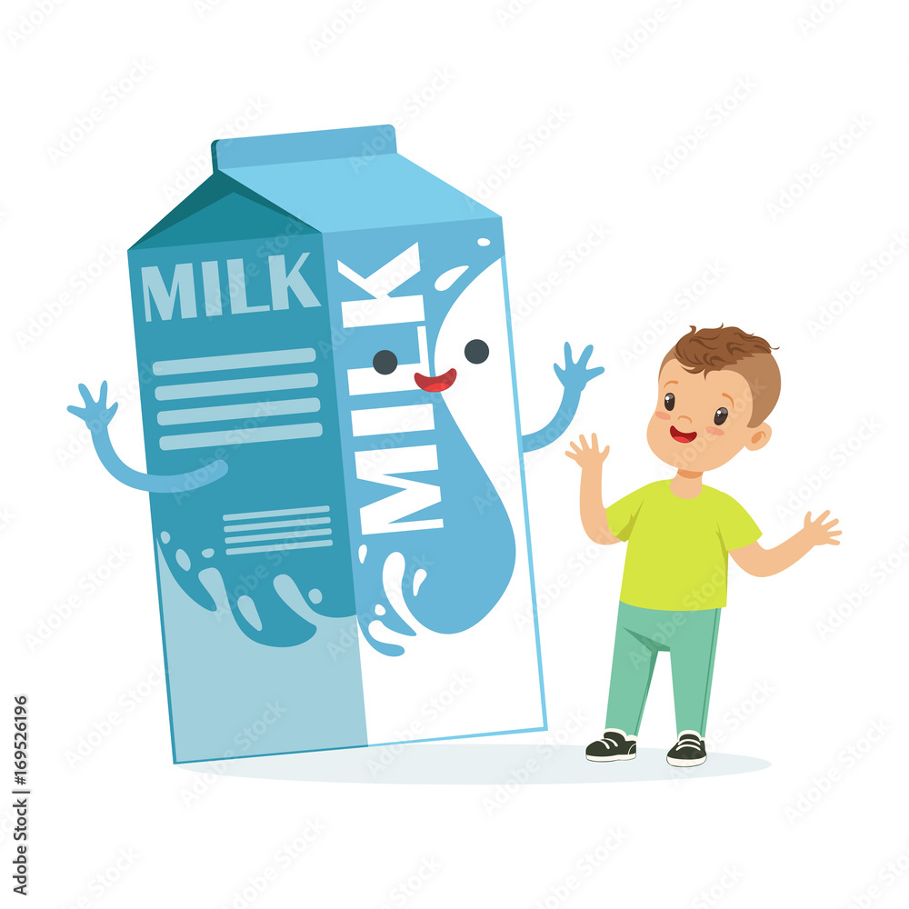 Cute happy little boy and funny milk carton box with smiling human face  playing and having fun, healthy childrens food cartoon characters vector  Illustration Stock Vector | Adobe Stock