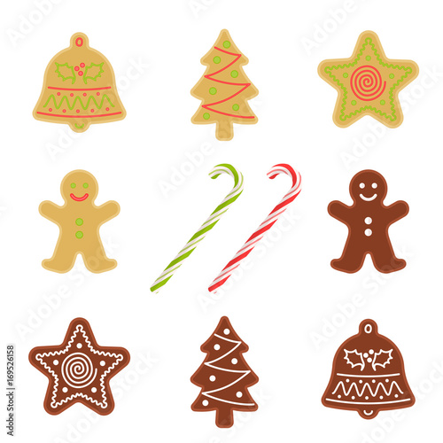 Traditional xmas cookies symbols: gingerbread man, christmas tree, star, bell and candy cane. Flat illustration of christmas winter holiday sweet baked treats. Isolated on white vector design elements