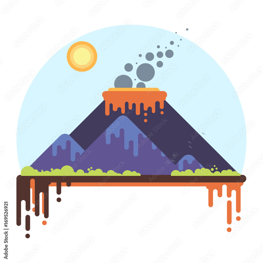 Mountain range with a smoking volcano. Flat Style Vector Illustration