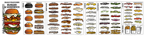 Set of isolated ingredients for build your own burger and sandwich. Cute hand drawn style in colorful and black outline on white background.