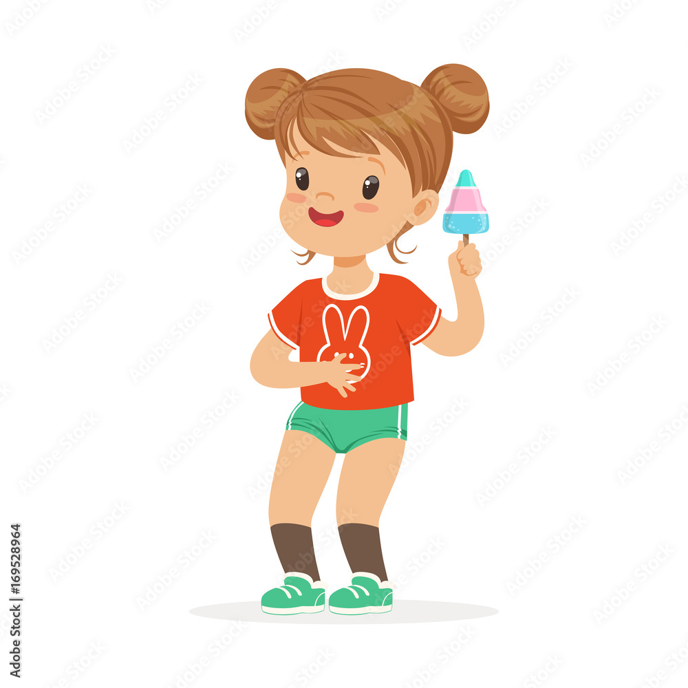 Cute little girl character feeling happy with her ice cream cartoon vector Illustration Cute little girl character feeling happy with her ice cream cartoon vector Illustration