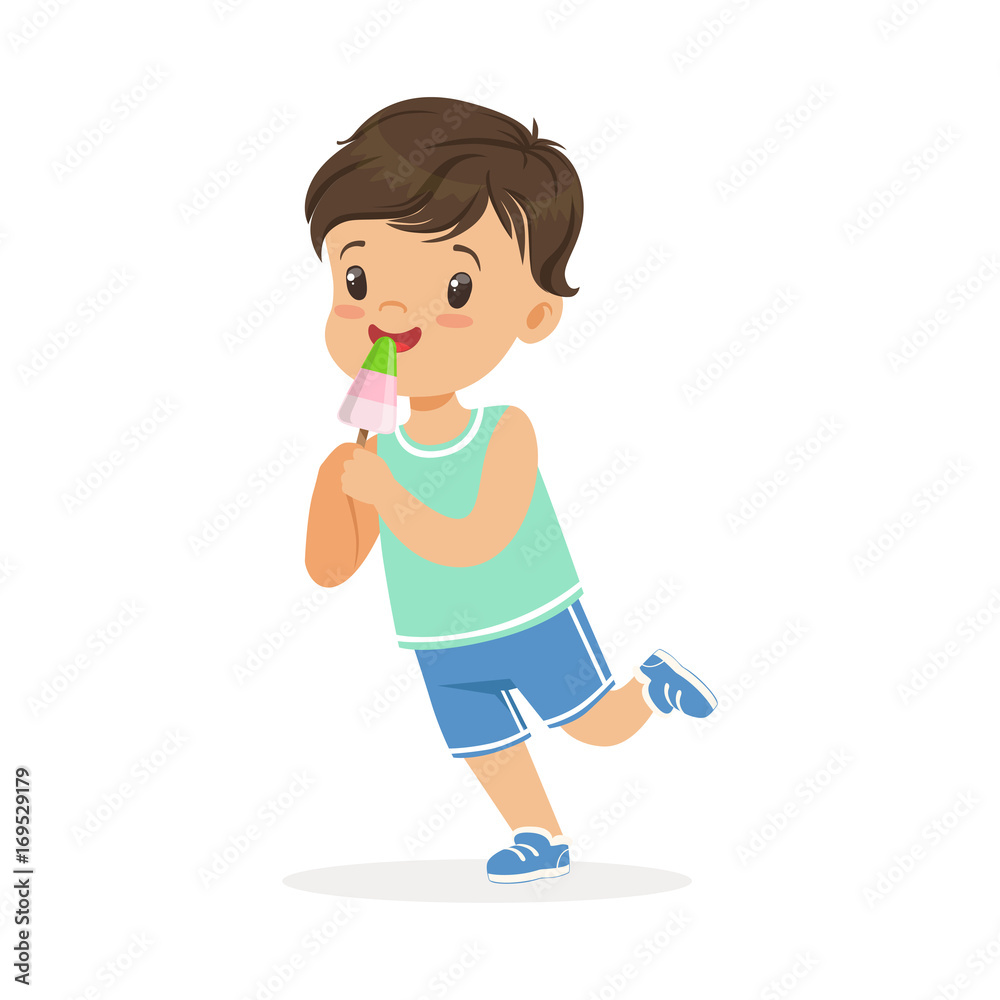 Cute happy little boy character eating ice cream cartoon vector Illustration Cute happy little boy character eating ice cream cartoon vector Illustration
