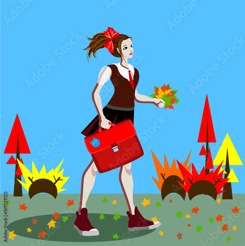 School girl in uniform with ponytails going to school. Vector illustration