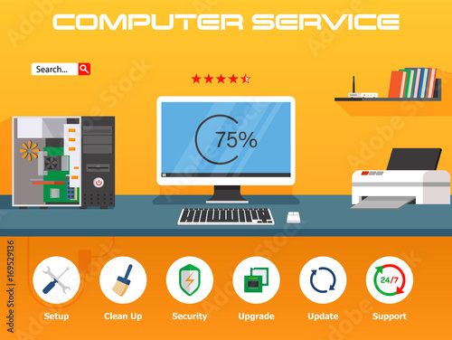 Beautiful set of colorful flat vector banner on the theme: repair a desktop computer, upgrade computer and update.