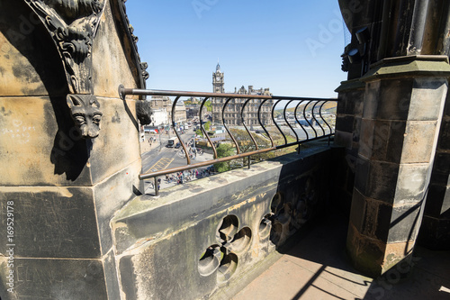 A view looking west (along Princes Street) from the Scott Monument, Princes Street, Edinburgh, Scotland.  Including part of the monument itself. photo
