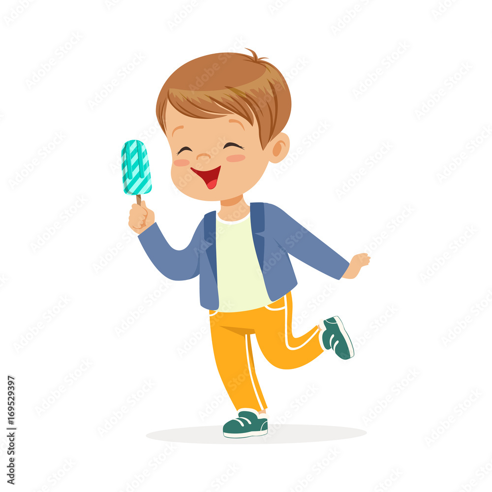 Cute little boy character feeling happy with his ice cream cartoon vector Illustration Cute little boy character feeling happy with his ice cream cartoon vector Illustration