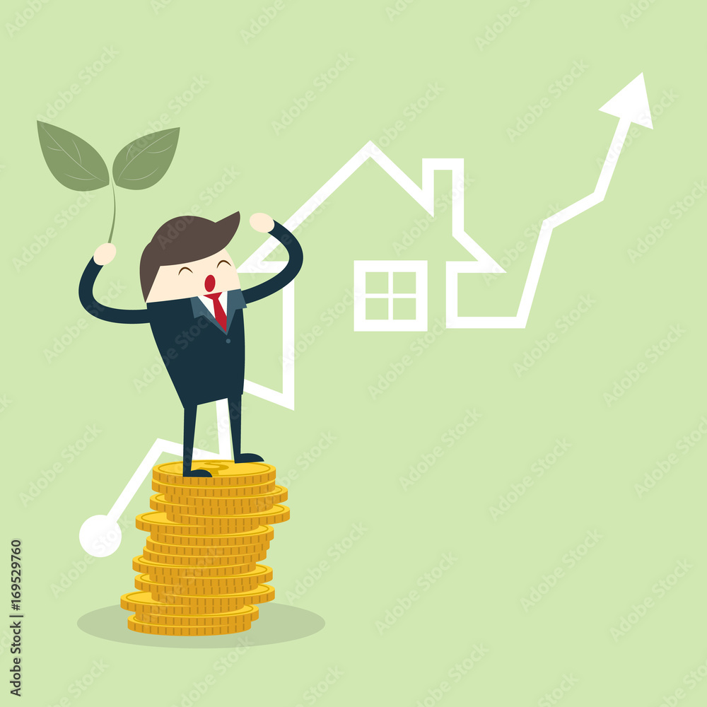 Vector growth concept in flat style happy business man stand on stack of golden coins and green small plant and house graph, Investment concept