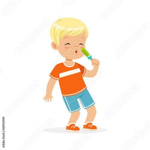 Cute blonde little boy character eating ice cream cartoon vector Illustration