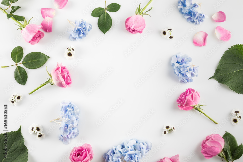 frame of roses, hydrangea flowers