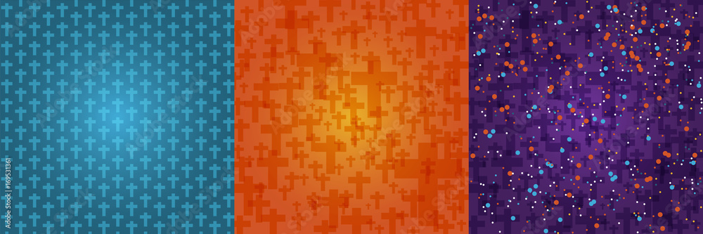 Set background dark orange, blue, purple color halloween with crucifix pattern texture, vector