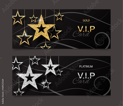 VIP golden and platinum card template with shiny stars. Vector illustration.