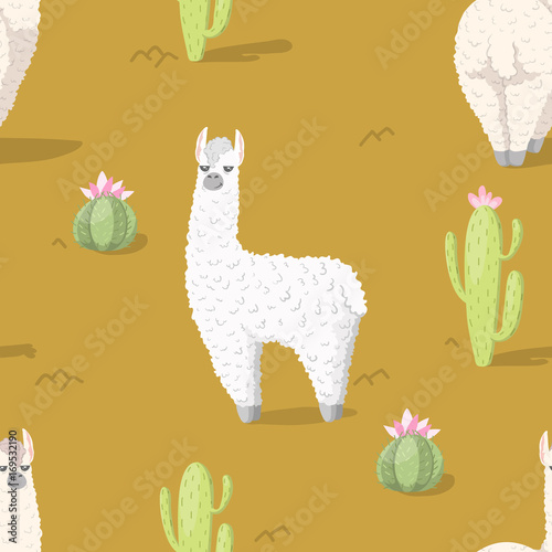 Seamless pattern with alpaca - south america's lama and cactus with flower. Vector illustration.