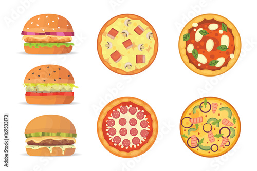 Vector illustration of various fast food. Cartoon pizza and burger isolated illustration