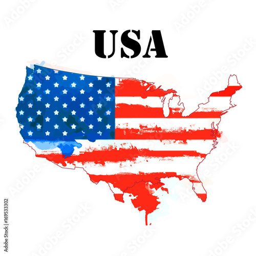 The outline of the USA with a watercolor flag inside. Vector illustration
