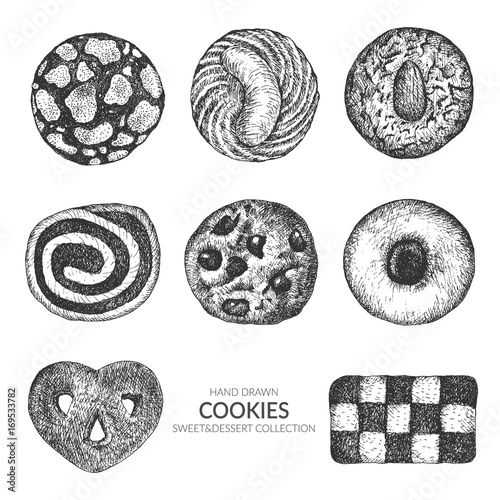 Set of cookie. Hand drawn top view collection with ink and pen. Vintage black and white illustration. Sweet and Baked vector element.