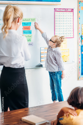 Schoolgirl answering next to whiteboard