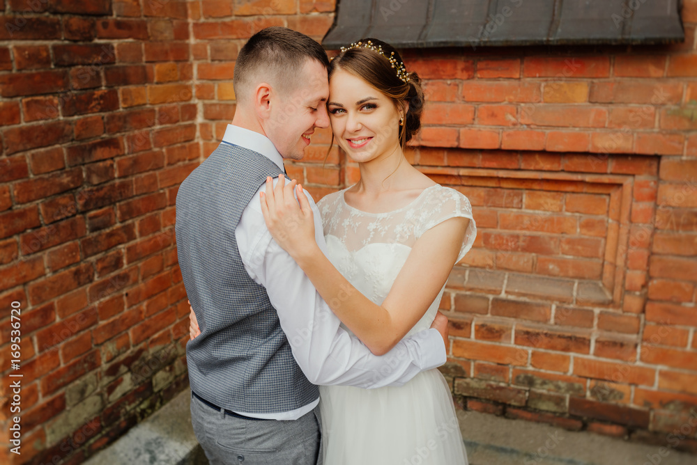 Wedding. Wedding day. Wedding couple. Beautiful couple, bride and groom look at each other and smiling against a red castle