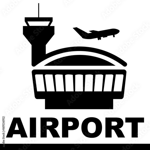 airport icon, airplane and building, airport inscription, vector illustration 
