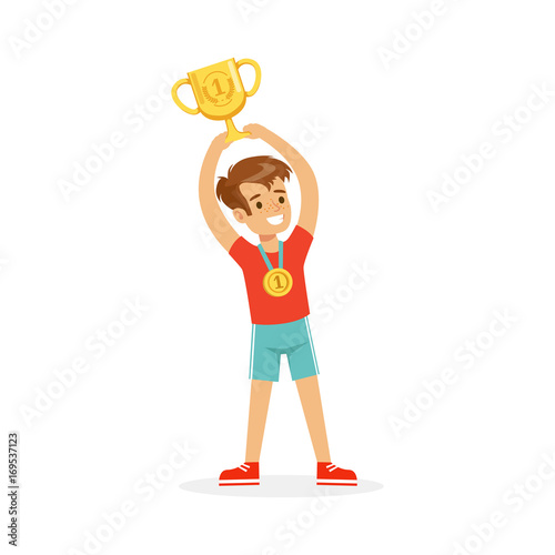 Young athletes boy holding winner cup, kid celebrating his victory cartoon vector Illustration
