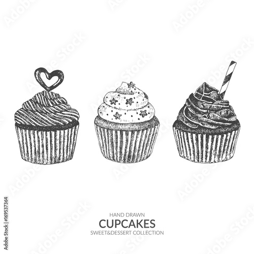 Set of cupcakes. Hand drawn vector element with ink and pen. Vintage black and white illustration. Sweet and dessert collection.
