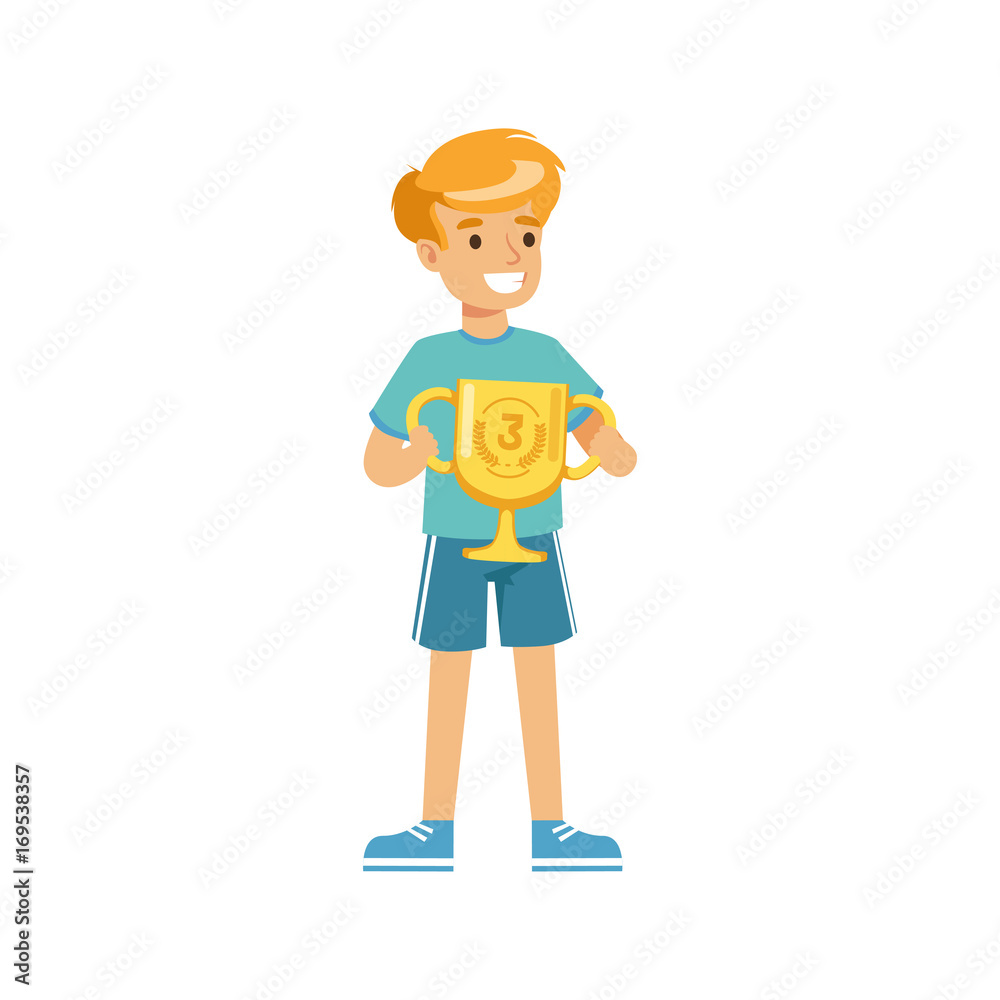 Young athletes boy holding winner cup, kid celebrating his third place cartoon vector Illustration Young athletes boy holding winner cup, kid celebrating his third place cartoon vector Illustration