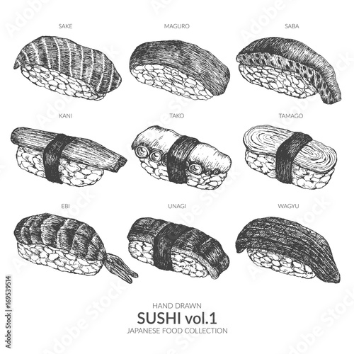 Set of sushi. Hand drawn with ink and pen. Vintage black and white illustration. Japanese food vector element.