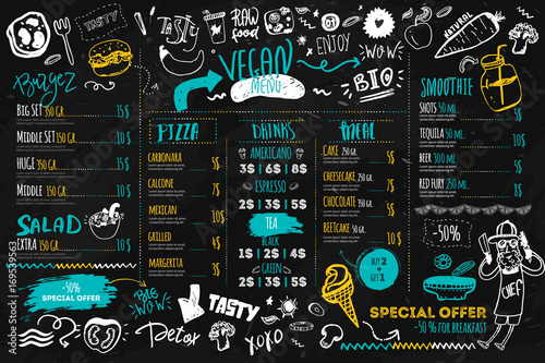 Vegan menu with hipster chef, doodle organic food and lettering. ecological concept on dark chalk board photo